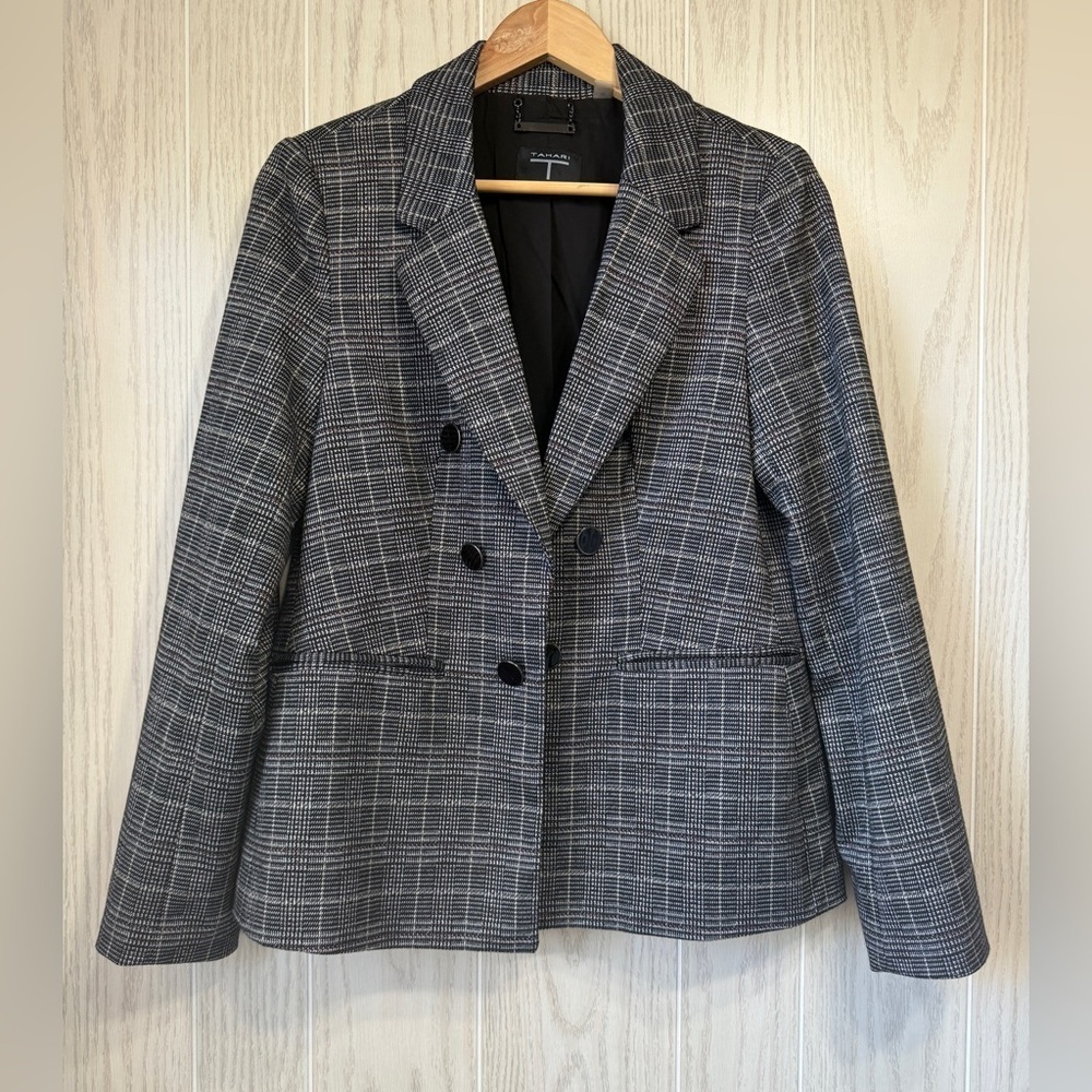 Tahari Plaid Double Breasted Blazer Faux Pockets Size 10